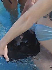 Cruel ladies facesitting their slave in the pool