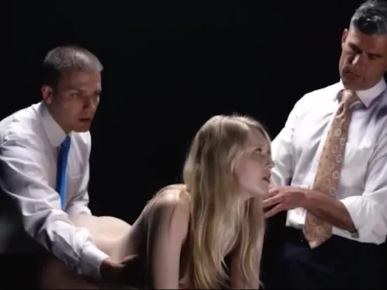 Small blonde Mormon girl has rough threesome with stepson and father