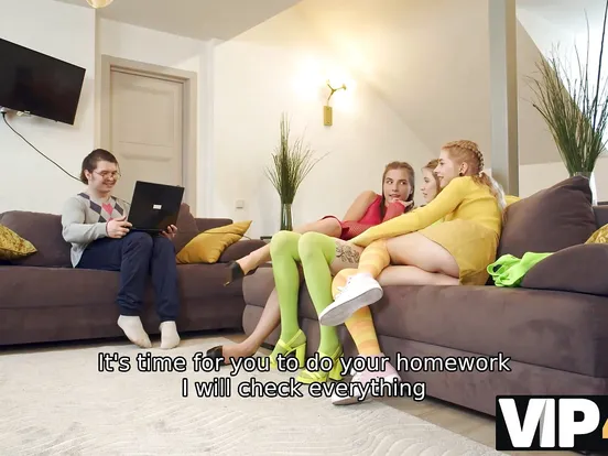 A man is busy, but two hot ladies in colorful